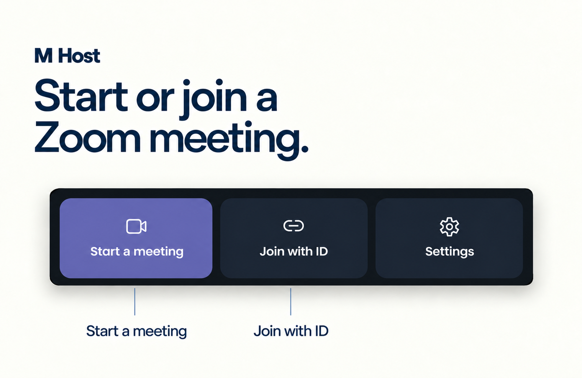 M Host interface with Start a meeting, Join with ID and Settings controls.
